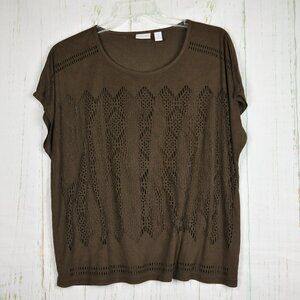 Chico's Dark Brown Faux Suede Short Sleeve Top W/ Cutouts Size 3